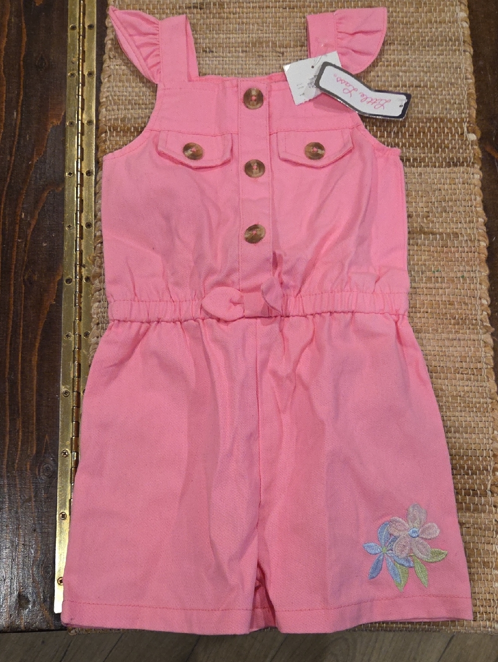 Little Lass Pink Ruffle-Strap Floral Embroidered Romper